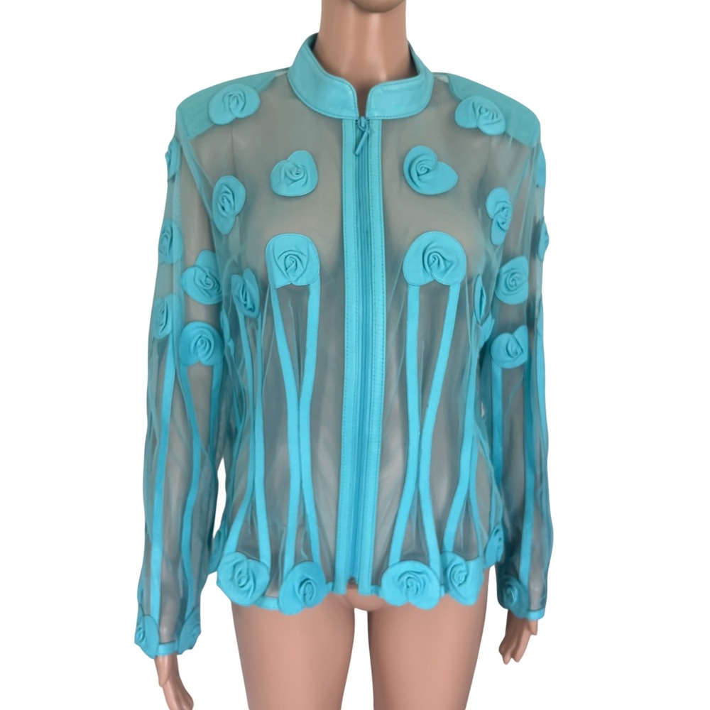 NATTO Turquoise Blue Mesh Sheer Jacket Real Leather Floral 3D XL Statement Artsy